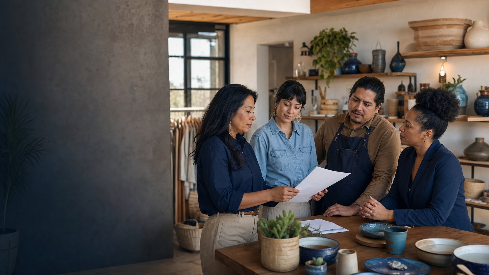 Business owners and advisors reviewing a plan in a local shop