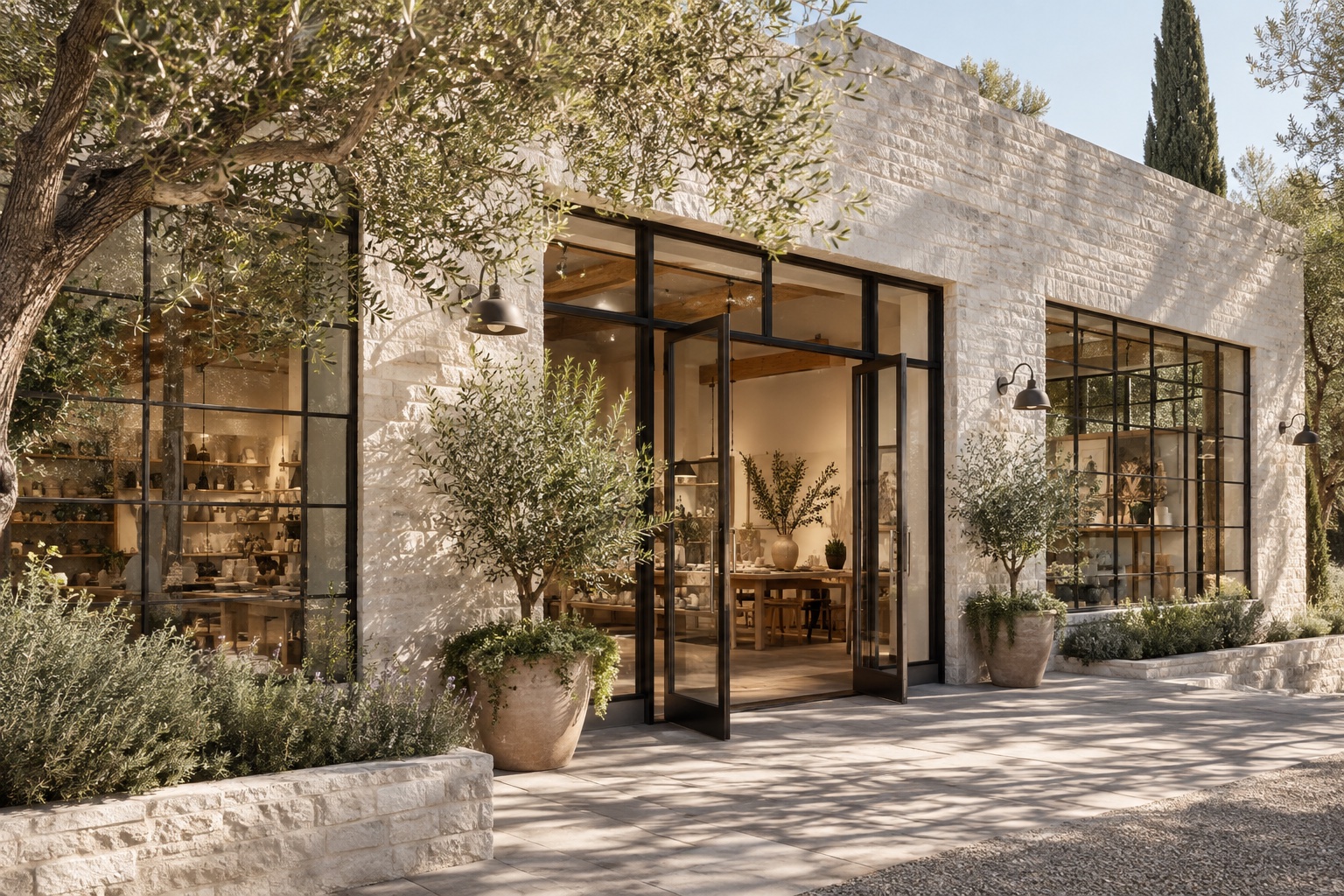 Illustrative sunlit business storefront with stone walls and olive trees